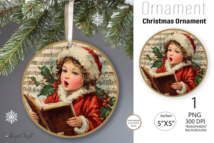 Christmas retro boy|Round Ornament| Vintage face boy sings