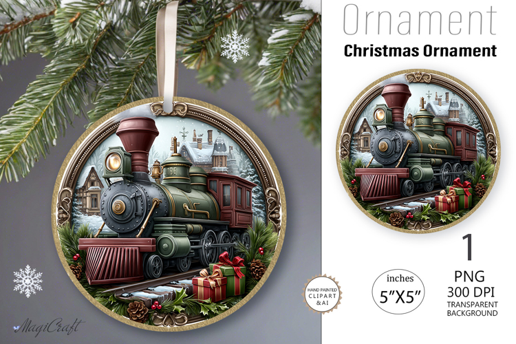 Christmas train decorated Round Ornament|Christmas leaves