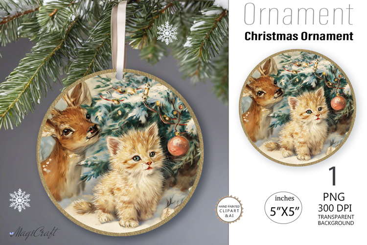 Christmas Deer Ornament| Vintage Round Ornamen|faw|kitten