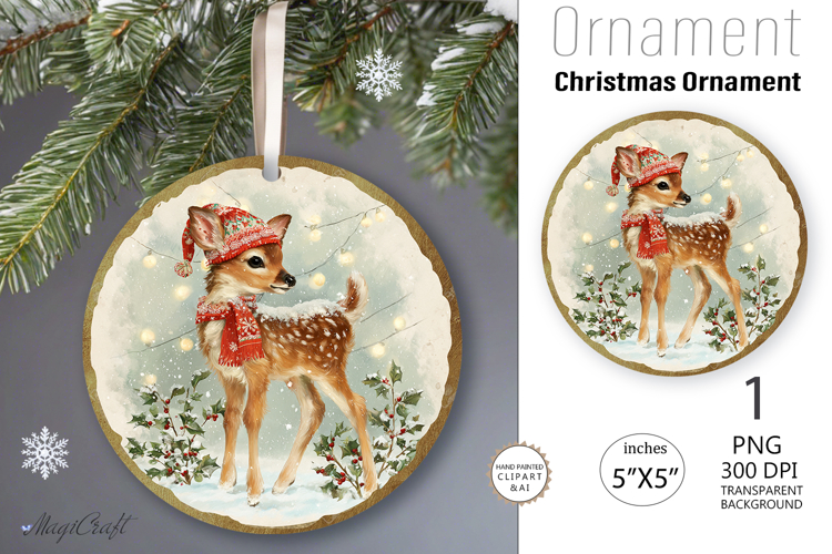 Christmas Deer Ornament| Vintage Round Ornamen|fawn clipart
