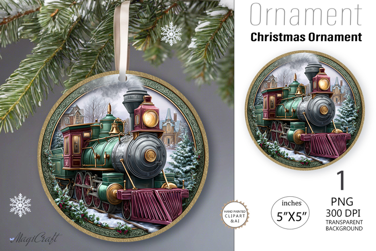 Christmas train decorated Round Ornament|Christmas leaves