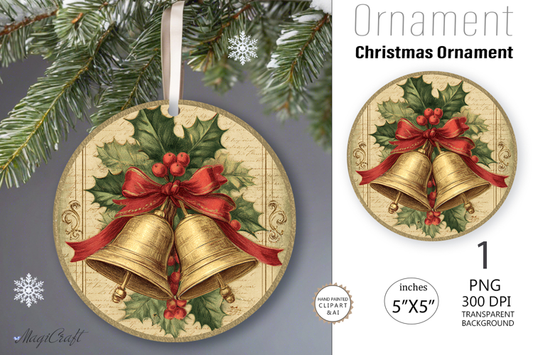 Christmas bells decorated Round Ornament| gold poinsettia