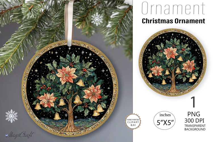 Christmas tree bells Ornament| Round Ornament poinsettia
