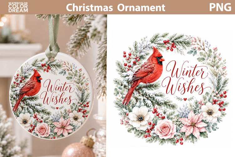 Cardinal Winter Wreath | Christmas Ornament Sublimation