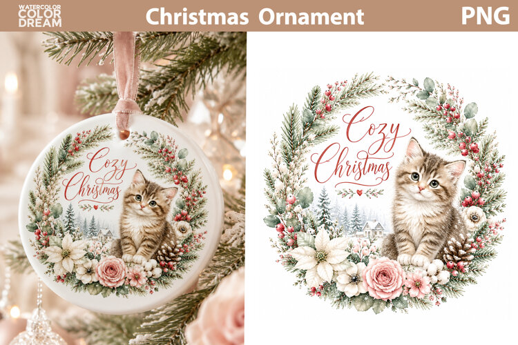 Christmas Ornament Sublimation | Cozy Christmas Kitten example image 1