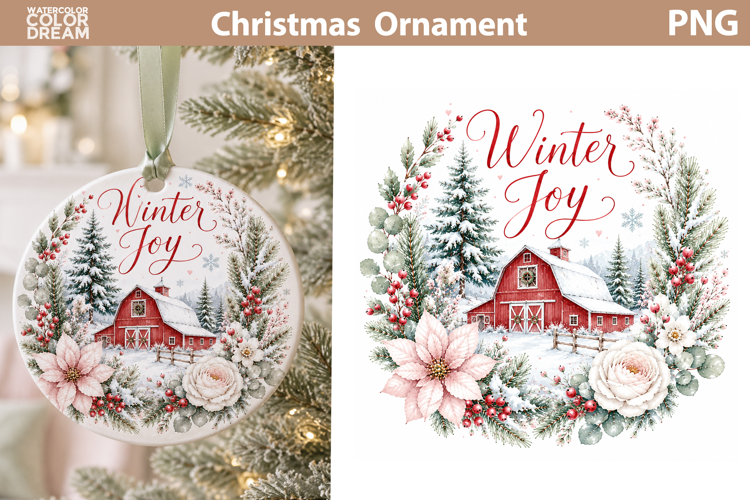 Winter Joy Red Barn | Christmas Ornament Art