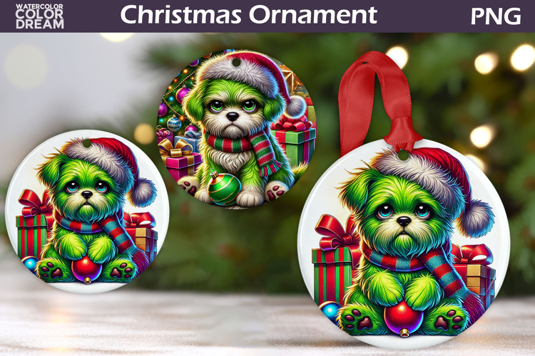 Green Grumpy Dog Ornament | Christmas Ornament Sublimation