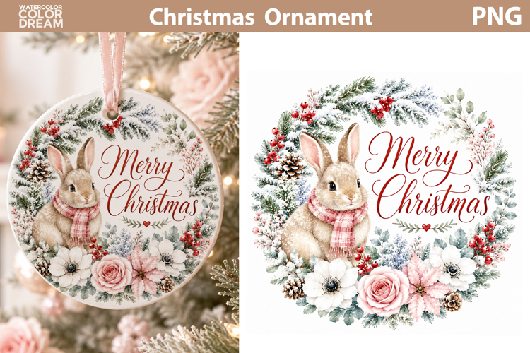 Christmas Bunny Wreath Art | Holiday Ornament Sublimation