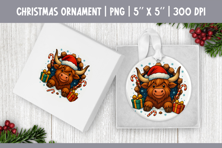 3D Christmas Ornament Sublimation | Highland Cow PNG