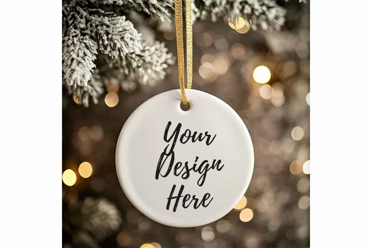Christmas Ornament Mockup, Round White Ceramic Ornament_38