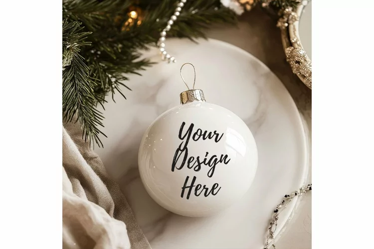Christmas Ornament Mockup, Round White Ceramic Ornament_39
