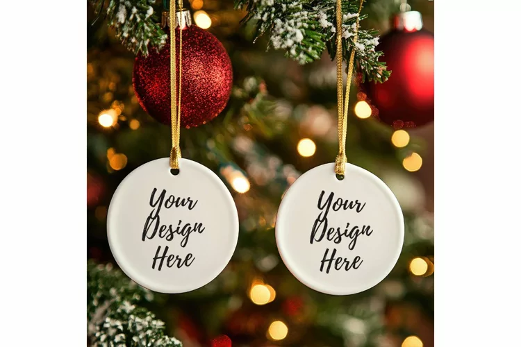 Christmas Ornament Mockup, Round White Ceramic Ornament_43