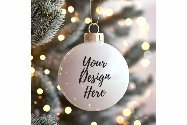 Christmas Ornament Mockup, Round White Ceramic Ornament_47