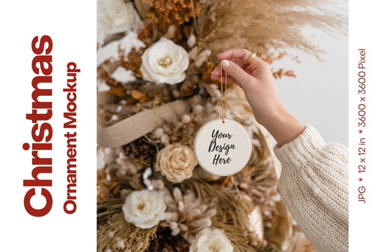 Christmas Ornament Mockup, Round White Ceramic Ornament_58