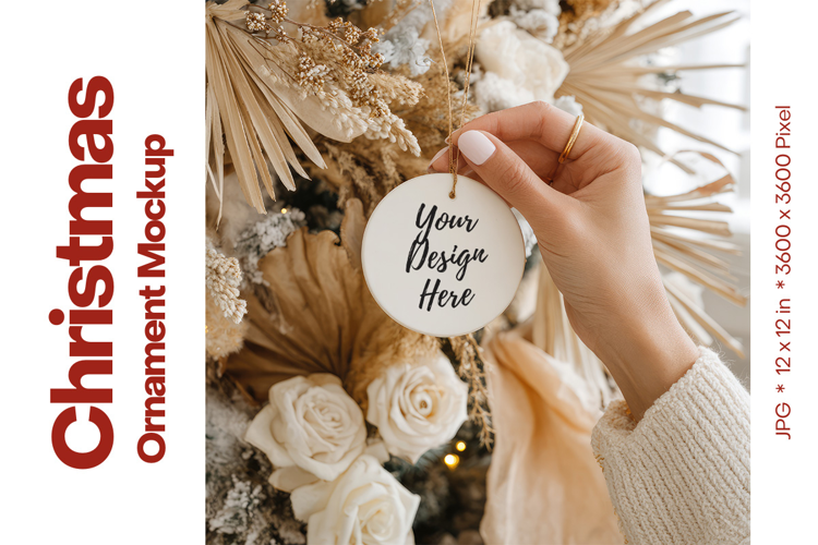 Christmas Ornament Mockup, Round White Ceramic Ornament_61