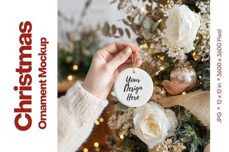 Christmas Ornament Mockup, Round White Ceramic Ornament_62