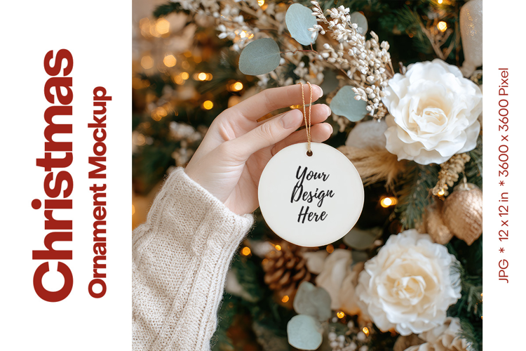 Christmas Ornament Mockup, Round White Ceramic Ornament_64