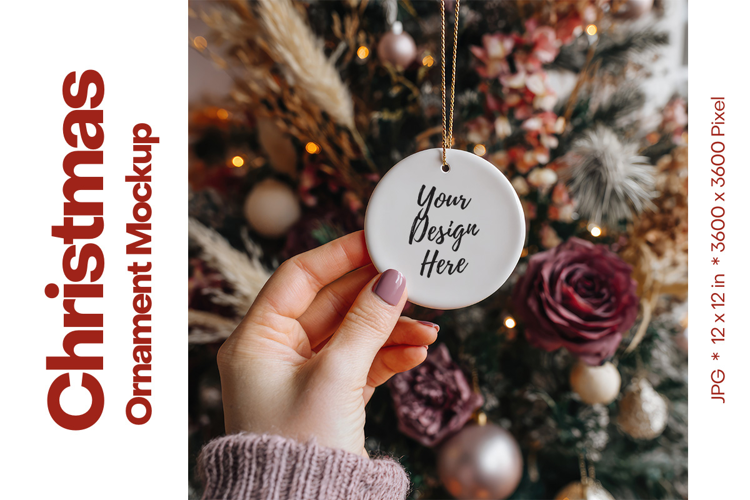 Christmas Ornament Mockup, Round White Ceramic Ornament_68