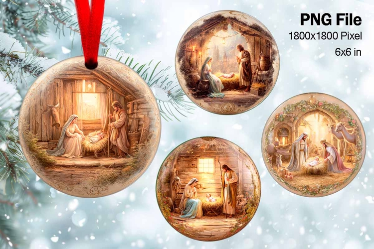 Nativity Scene Christmas Ornament Round Circle Jesus Baby_69