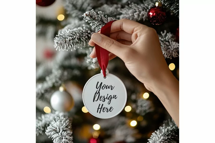 Christmas Ornament Mockup, Round White Ceramic Ornament_69