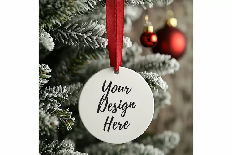 Christmas Ornament Mockup, Round White Ceramic Ornament_70