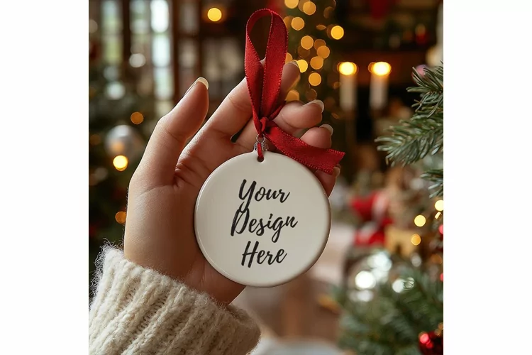 Christmas Ornament Mockup, Round White Ceramic Ornament_71
