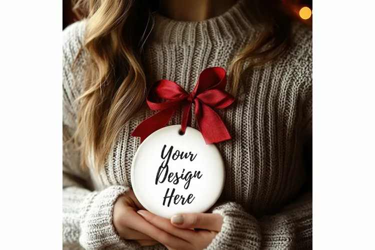 Christmas Ornament Mockup, Round White Ceramic Ornament_72
