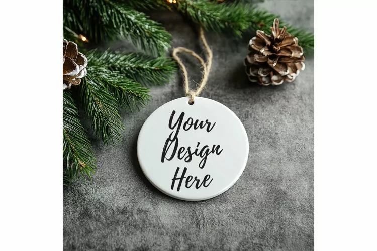 Christmas Ornament Mockup, Round White Ceramic Ornament_74