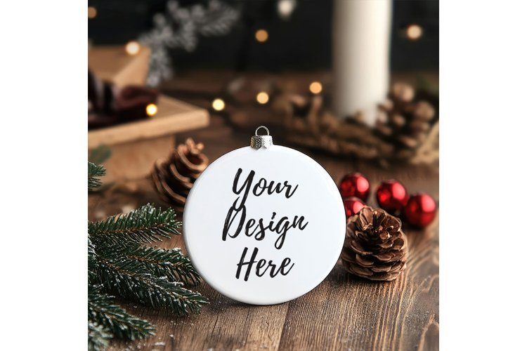 Christmas Ornament Mockup, Round White Ceramic Ornament_75