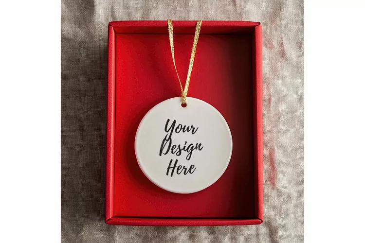 Christmas Ornament Mockup, Round White Ceramic Ornament_77