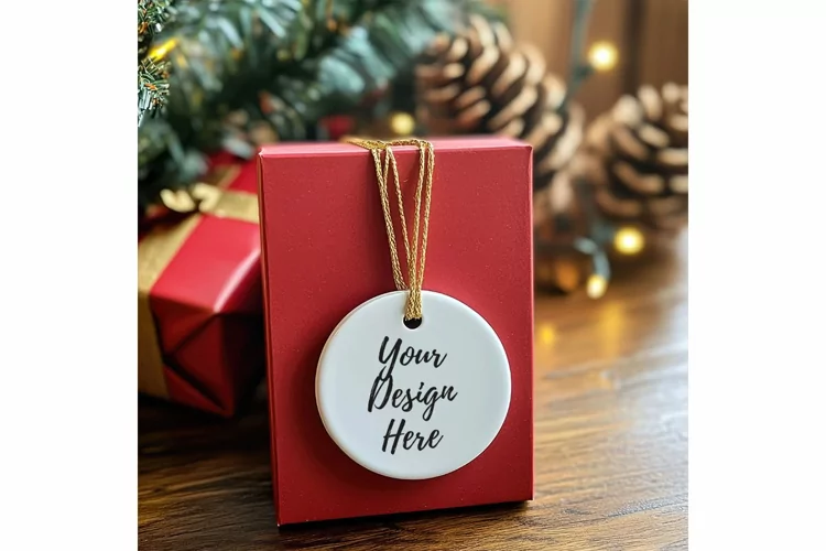 Christmas Ornament Mockup, Round White Ceramic Ornament_78
