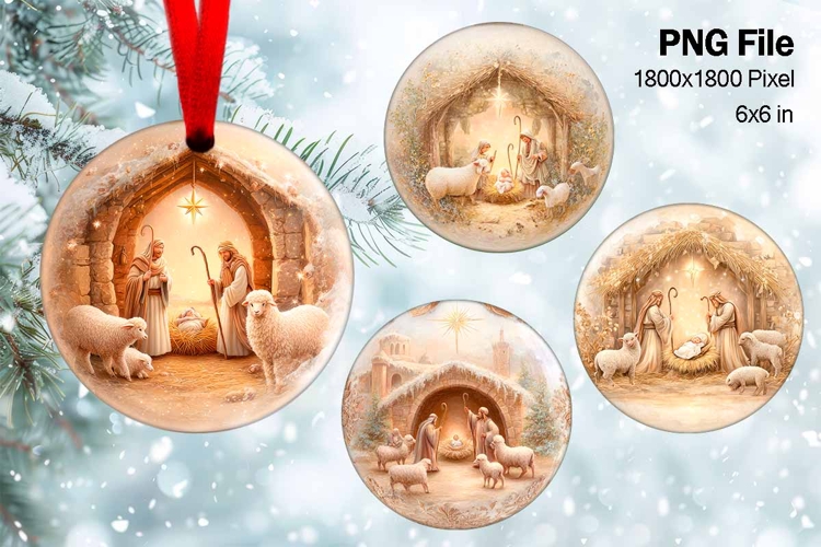 Nativity Scene Christmas Ornament Round Circle Jesus Baby_81