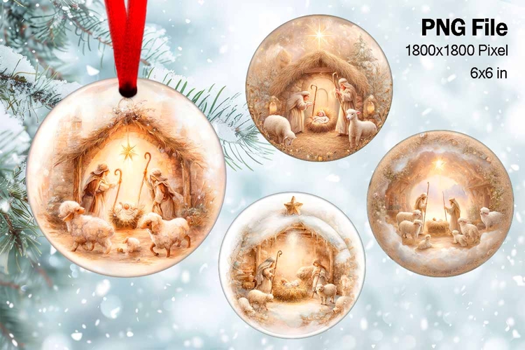 Nativity Scene Christmas Ornament Round Circle Jesus Baby_82