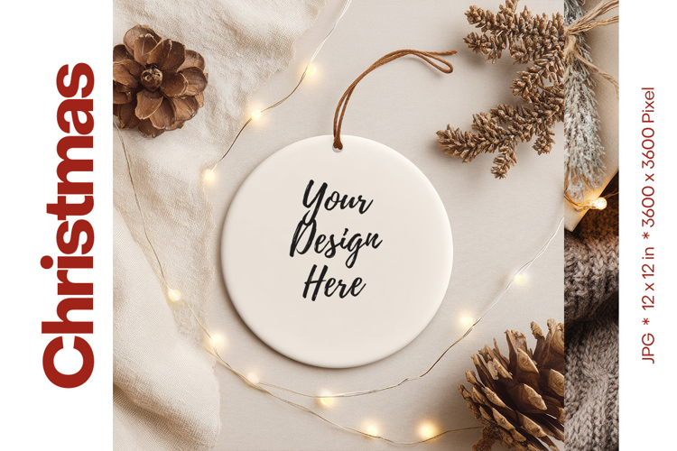 Christmas Ornament Mockup, Round White Ceramic Ornament_82