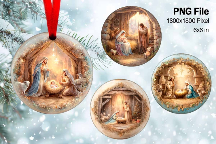 Nativity Scene Christmas Ornament Round Circle Jesus Baby_83