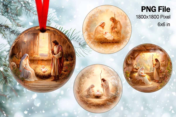 Nativity Scene Christmas Ornament Round Circle Jesus Baby_84