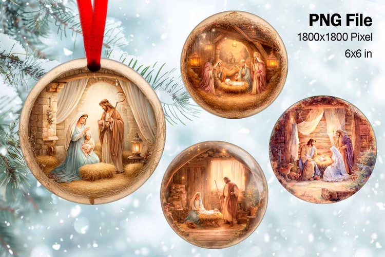 Nativity Scene Christmas Ornament Round Circle Jesus Baby_85