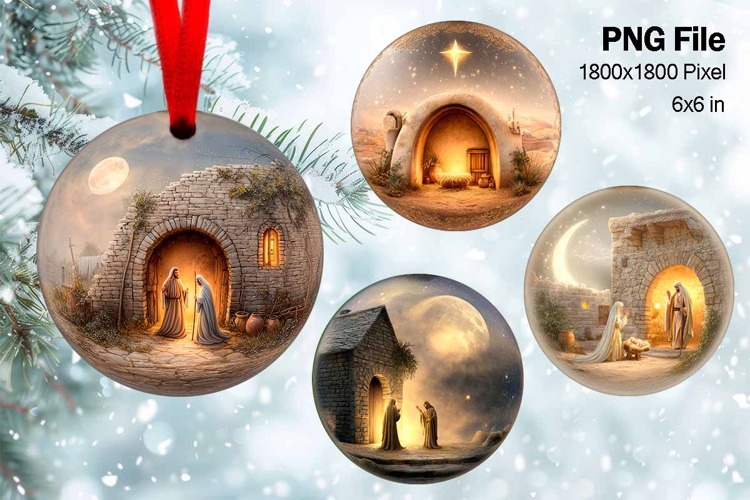 Nativity Scene Christmas Ornament Round Circle Jesus Baby_90
