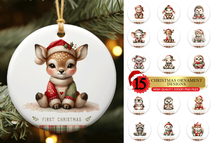Baby Animals First Christmas Ornament PNG Bundle