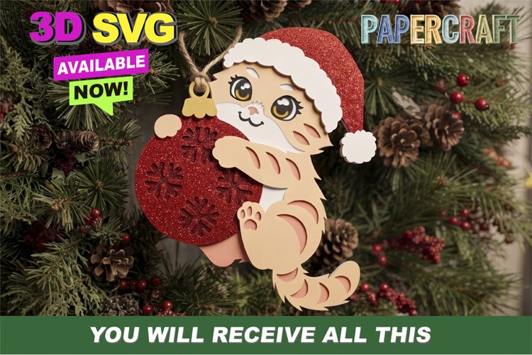 Adorable Christmas Cat Ornament 3D SVG example image 1