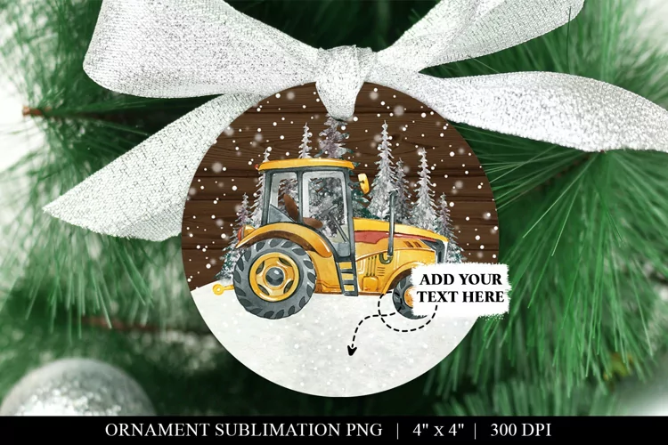Yellow Tractor Christmas Ornament Sublimation PNG