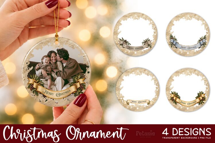 Vintage Christmas photo ornament PNG with golden rustic borders and Merry Christmas ribbons, showing four round photo frames and a family ornament mockup.