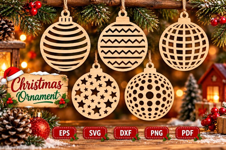 Christmas Holiday Ornament SVG, Laser Cut Wood Bauble Files example image 1