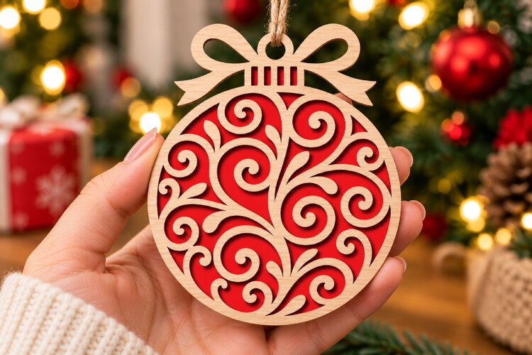 Christmas Ornament SVG, Swirl Pattern Bauble Laser Cut File example image 1