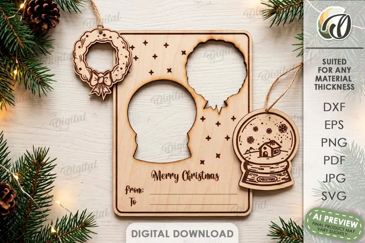 Christmas Ornaments Card Laser Cut. Greeting Card SVG