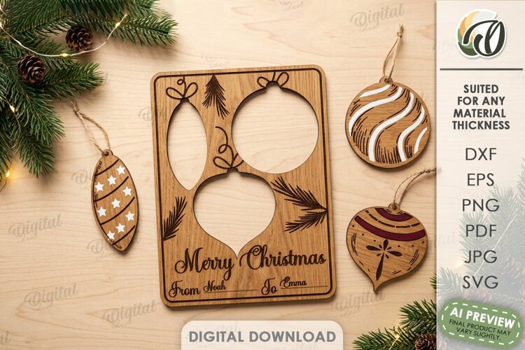 Christmas Ornaments Card Laser Cut. Greeting Card SVG example image 1