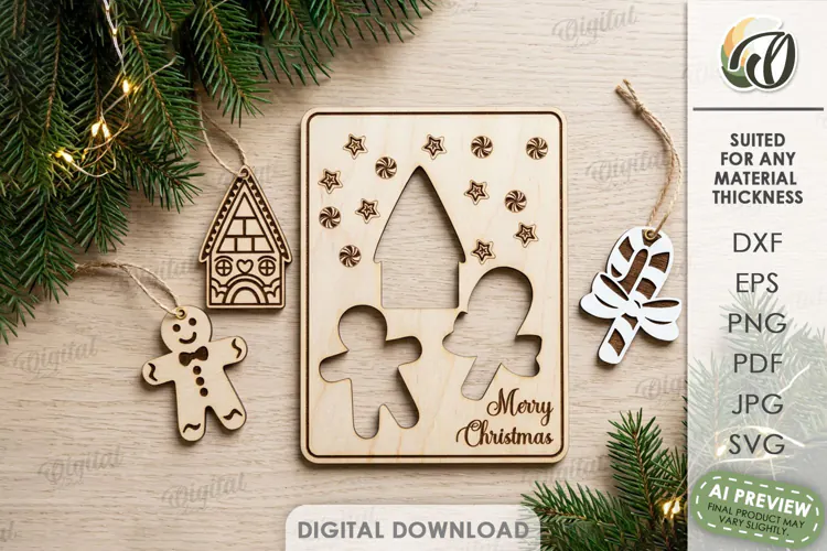 Christmas Ornaments Card Laser Cut. Greeting Card SVG
