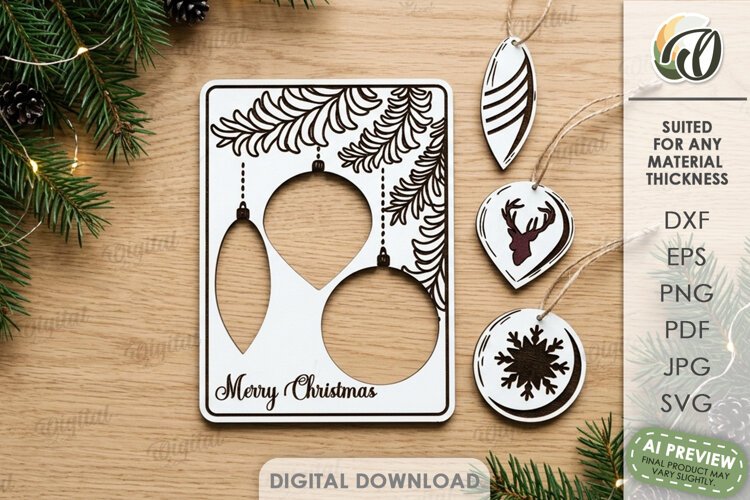 Christmas Ornaments Card Laser Cut. Greeting Card SVG example image 1