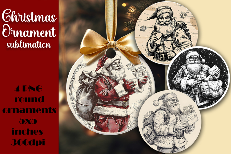 Vintage Santa Ornament Sublimation, Round Ornament Png