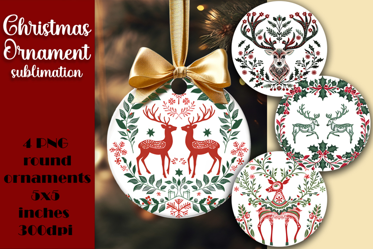 Round Christmas Ornament PNG | embroidery Deer PNG